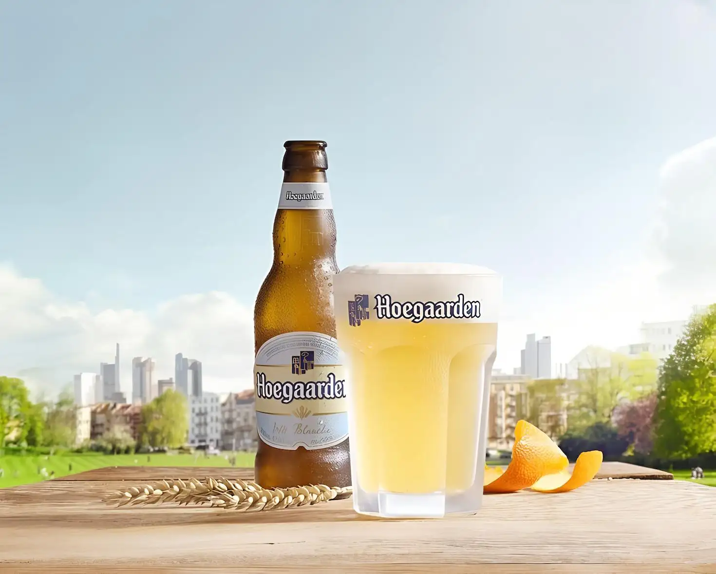 Hoegaarden Witbier servida mostrando su color pajizo turbio con espuma blanca