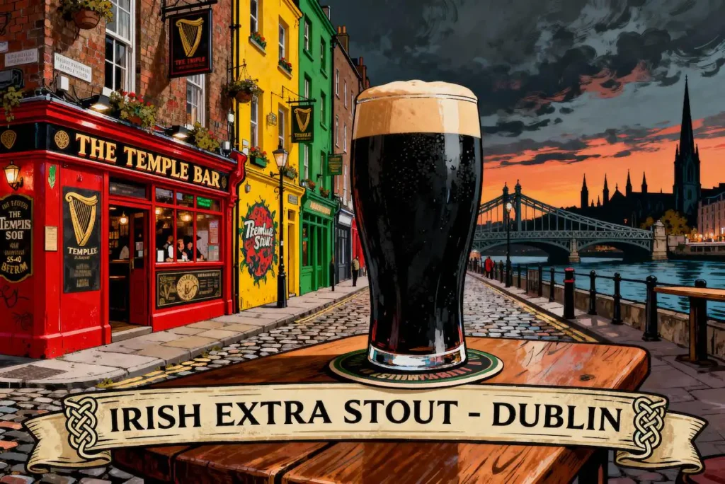 Irish Extra Stout en vaso pint con Temple Bar Dublin de fondo