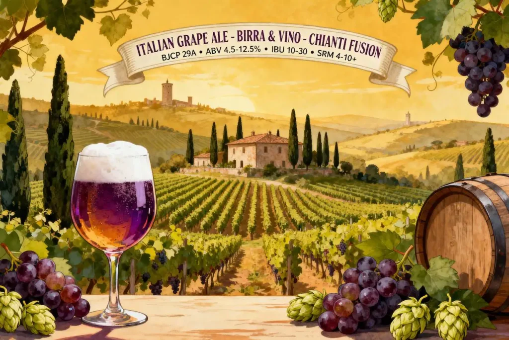Italian Grape Ale en copa de vino mostrando su color dorado a cobrizo con espuma blanca persistente