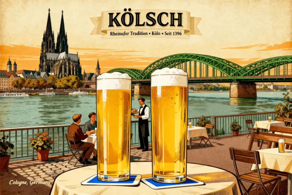 Kölsch en vaso Stange tradicional mostrando su color dorado brillante característico