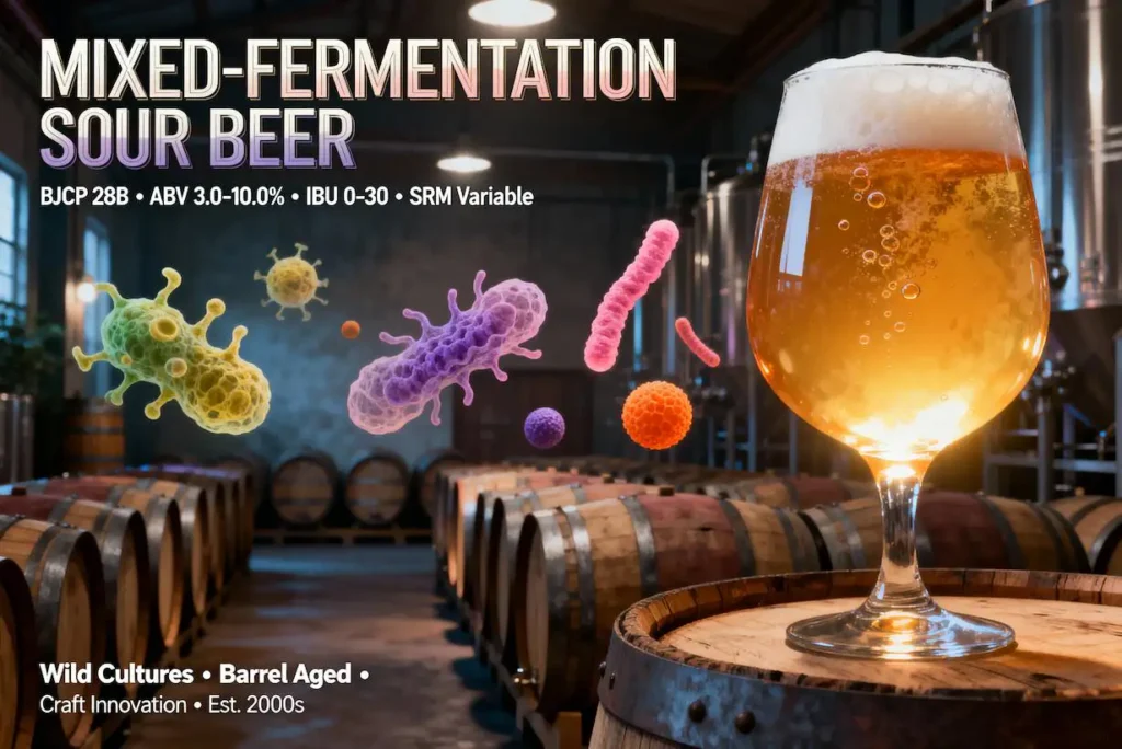 Mixed-Fermentation Sour Beer en copa tulipán mostrando su complejidad dorada brillante