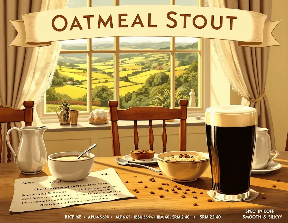 Oatmeal Stout en vaso pinta mostrando su color negro profundo con espuma cremosa tostada