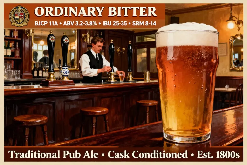 Ordinary Bitter en pint glass tradicional mostrando su color ámbar cobrizo característico