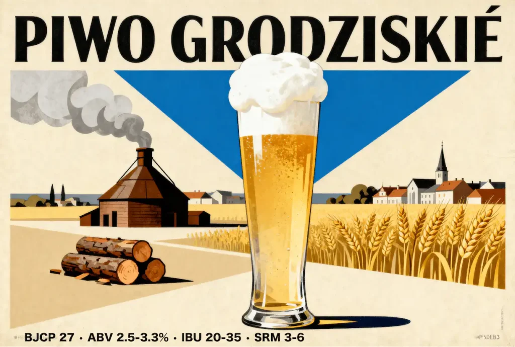 Piwo Grodziskie en vaso alto mostrando su color dorado pálido y espuma blanca masiva característica