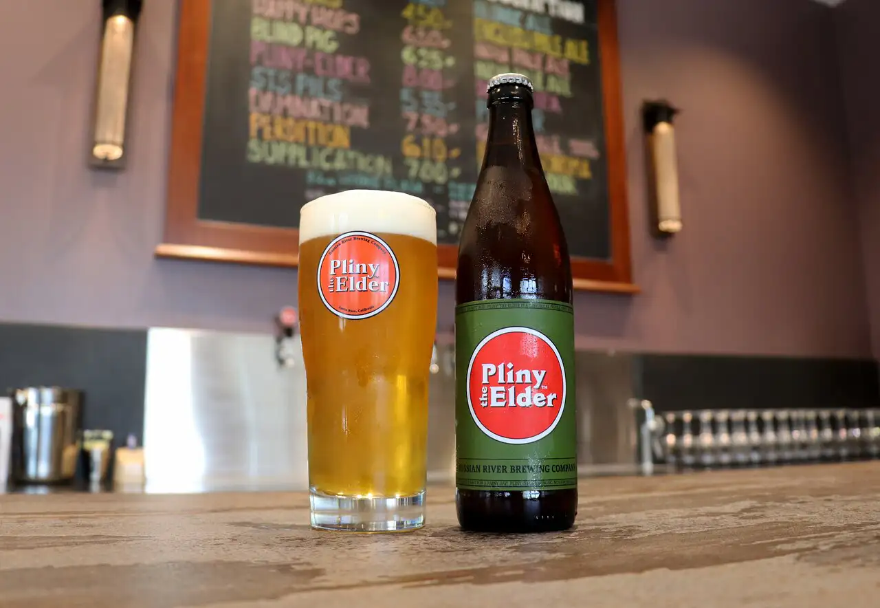 Pliny the Elder de Russian River Brewing servida en copa tulipán