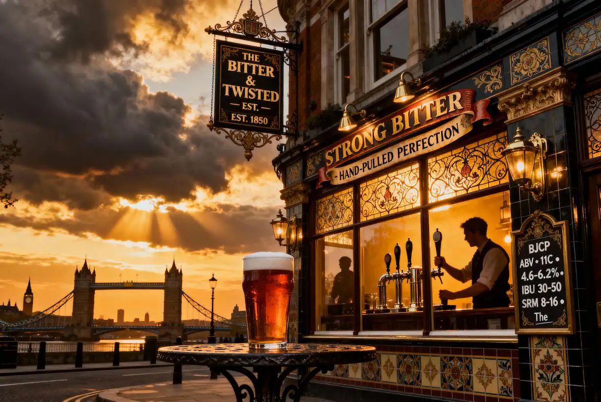 Strong Bitter en pinta inglesa mostrando su color ámbar cobrizo característico