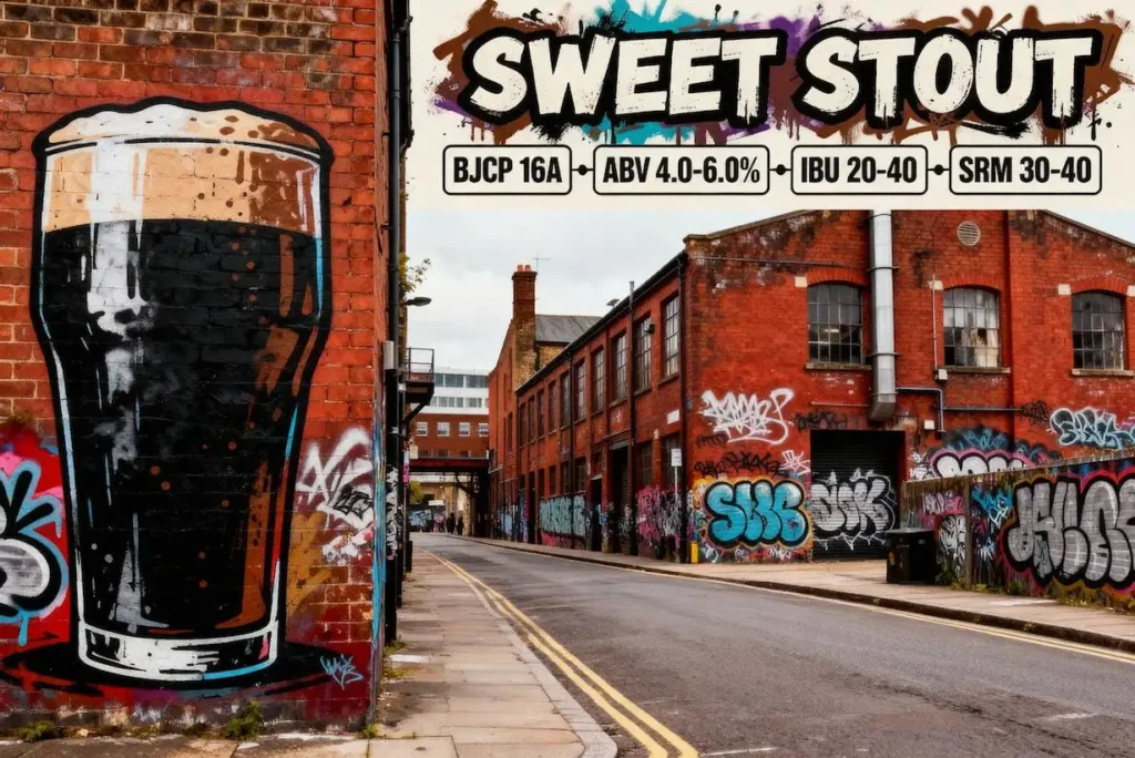 Sweet Stout en copa tulipán mostrando su color negro profundo con espuma cremosa marrón