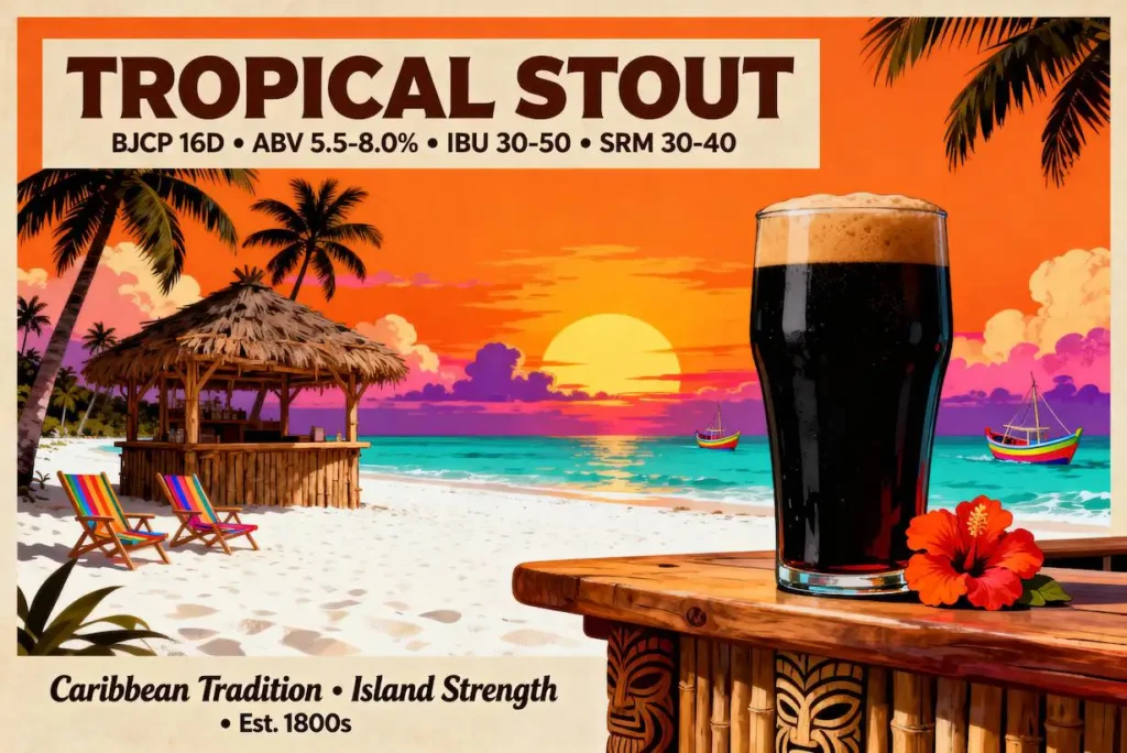 Tropical Stout en vaso pint mostrando su color negro profundo con espuma tostada característica