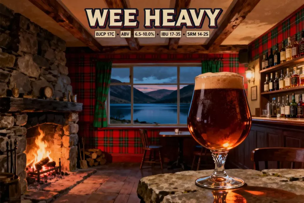 Wee Heavy en copa snifter mostrando su color cobrizo oscuro con reflejos rubí