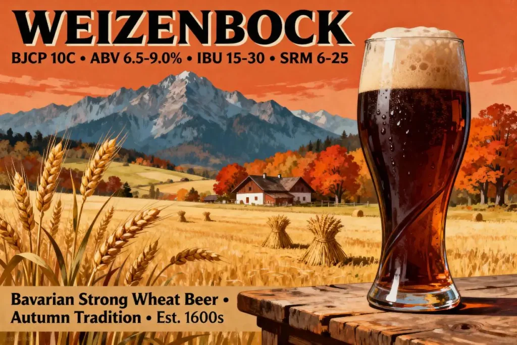 Weizenbock en copa snifter mostrando su color oscuro profundo y espuma cremosa característica