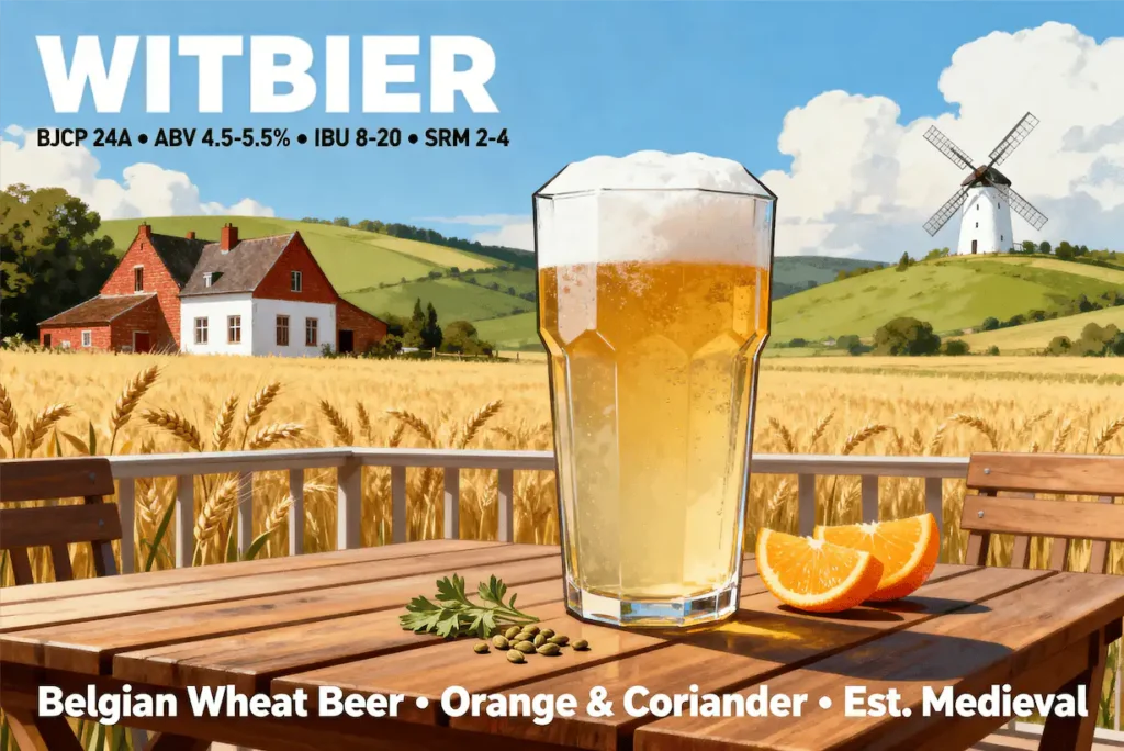 Witbier en vaso hexagonal mostrando su color pajizo turbio característico con espuma blanca densa