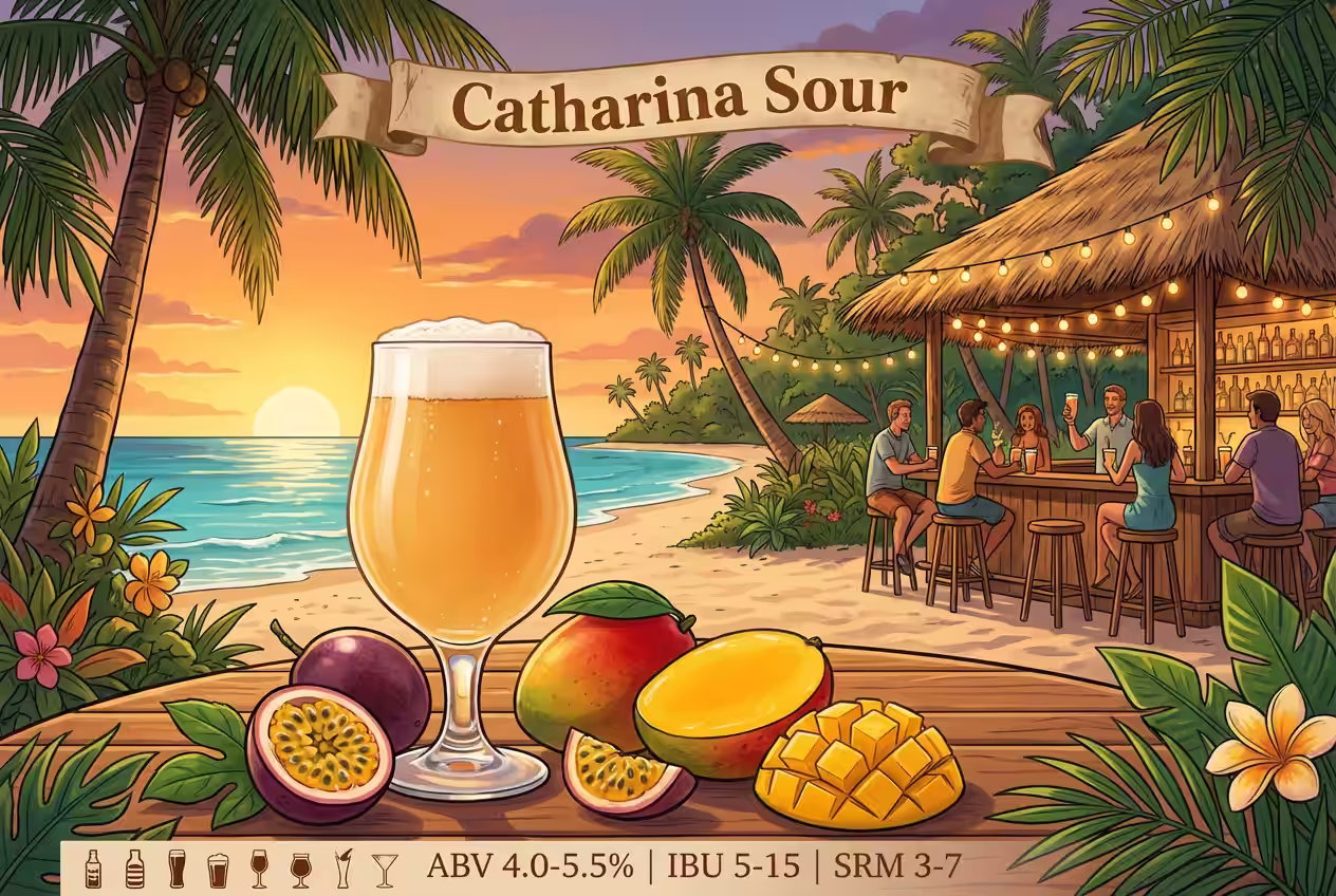 Ilustración educativa Catharina Sour con frutas tropicales maracuyá, guayaba, mango y piña