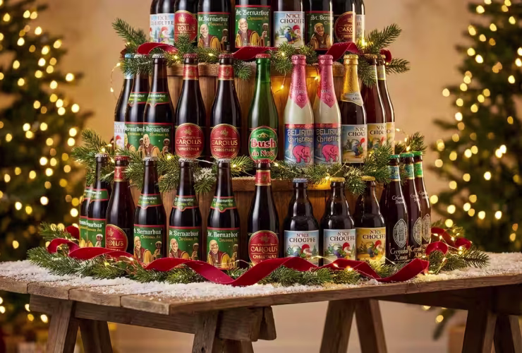 Expositor de cervezas de navidad 2025-2026 con Saint Bernardus Christmas, Gouden Carolus y Bush de Noël en mesa de madera con decoración navideña
