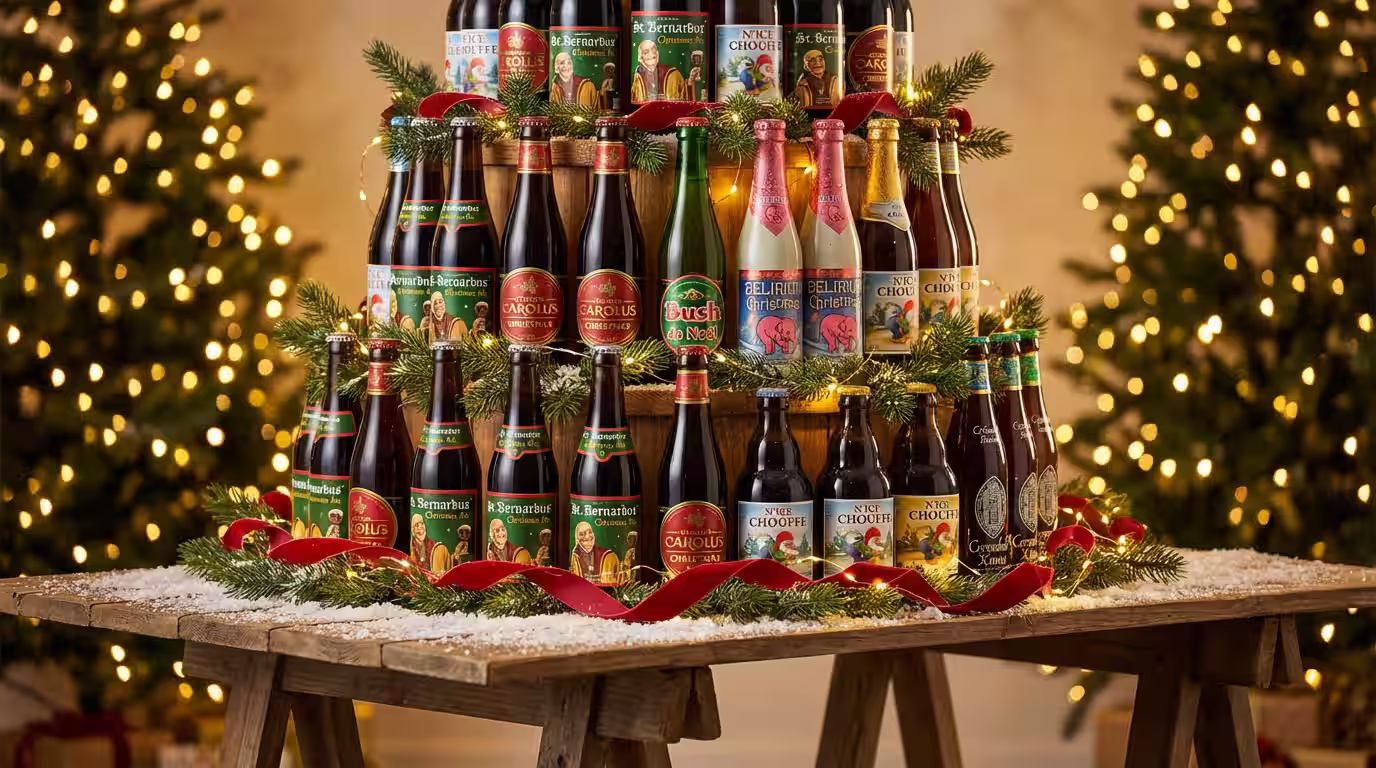Expositor de cervezas de navidad 2025-2026 con Saint Bernardus Christmas, Gouden Carolus y Bush de Noël en mesa de madera con decoración navideña