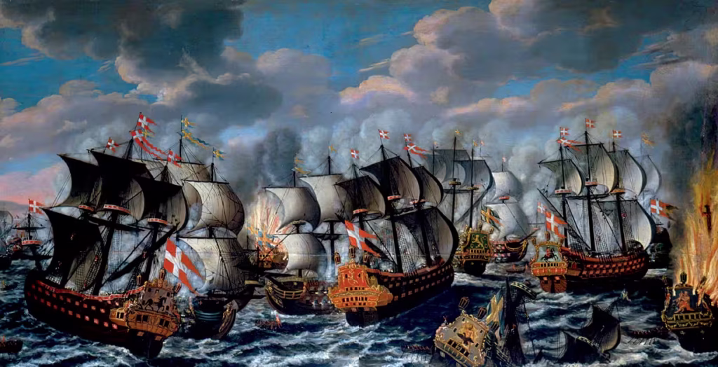 Pintura del barco Dannebrog ardiendo en la Batalla de Køge Bay 1710