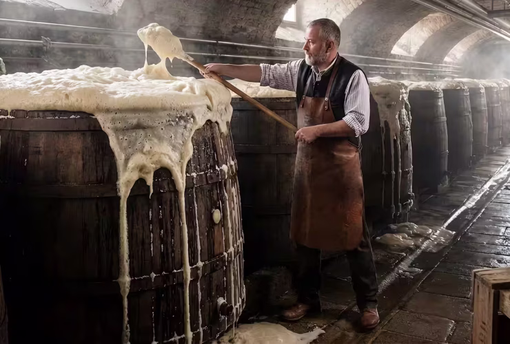Maestro cervecero trabajando con fermentador abierto desbordante de krausen en cervecería histórica bávara, botella Dampfbier con tapón cerámico en primer plano