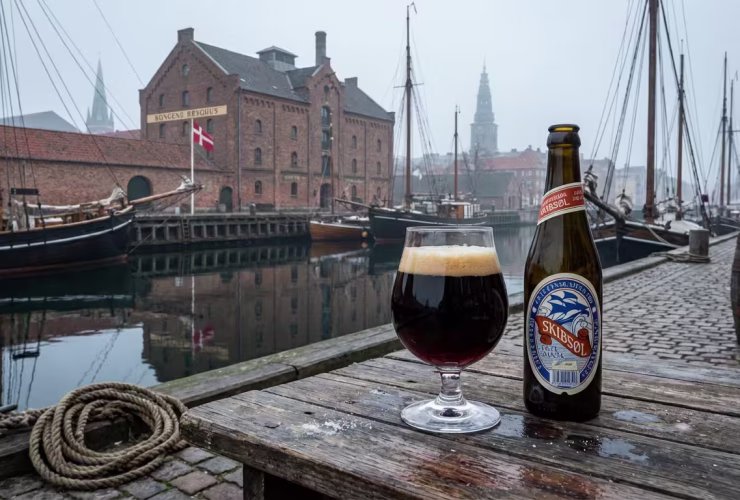 Skibsøl cerveza porter danesa copa tradicional y botella Refsvindinge en puerto histórico Copenhague Kongens Bryghus barcos vela siglo XVII