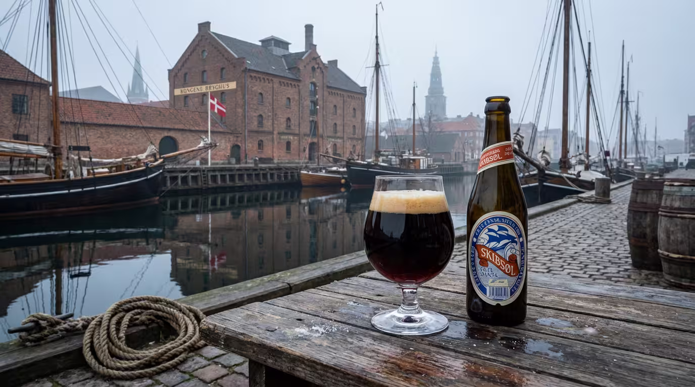 Skibsøl cerveza porter danesa copa tradicional y botella Refsvindinge en puerto histórico Copenhague Kongens Bryghus barcos vela siglo XVII