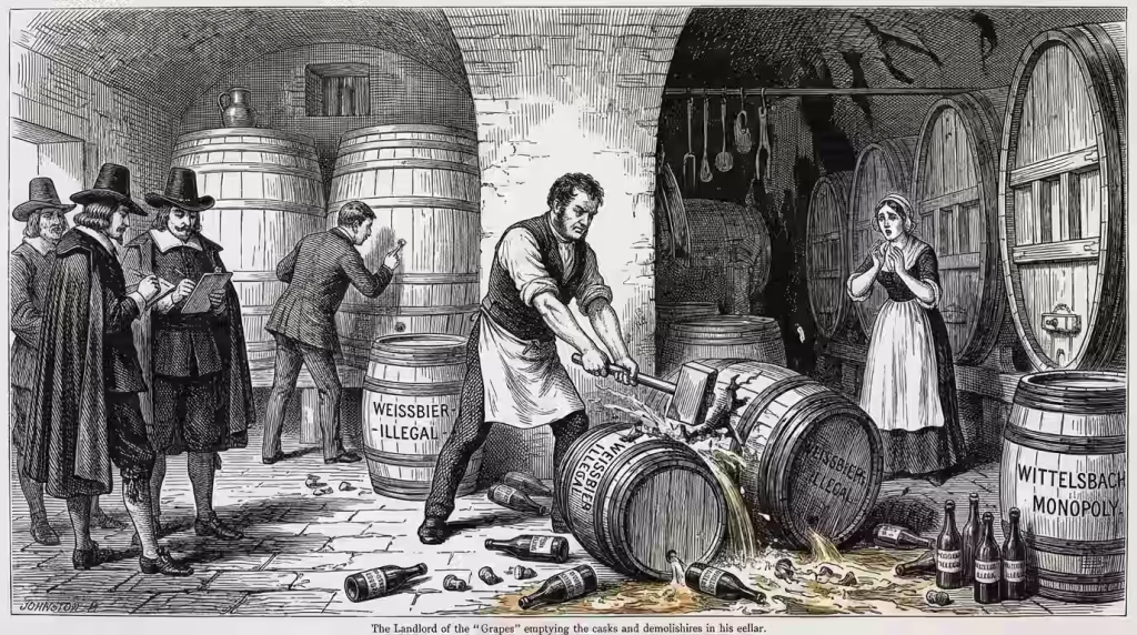 Grabado victoriano del siglo XVII mostrando la destrucción de cerveza ilegal de trigo bajo el monopolio Wittelsbach en Baviera, ilustración histórica de represión estatal
